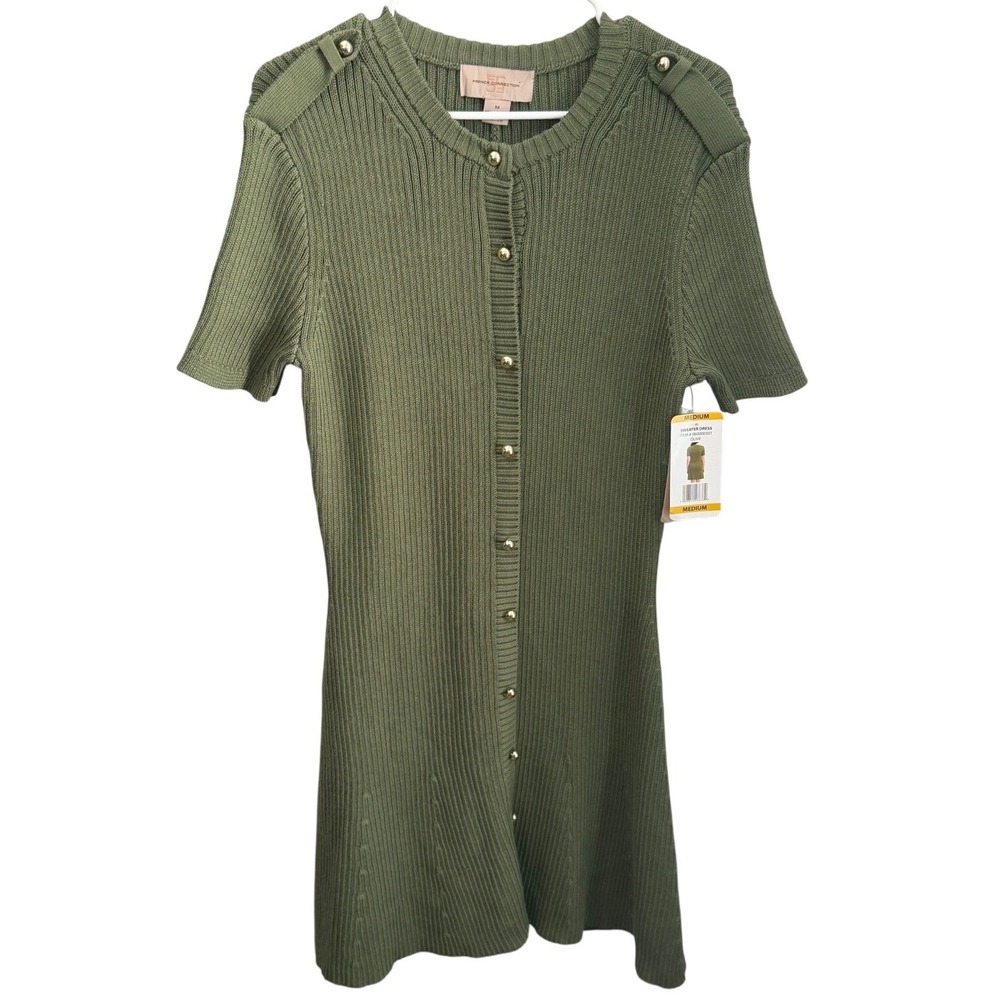French Connection NWT Olive Green Ribbed Sweater Dress Button Front Midi Medium